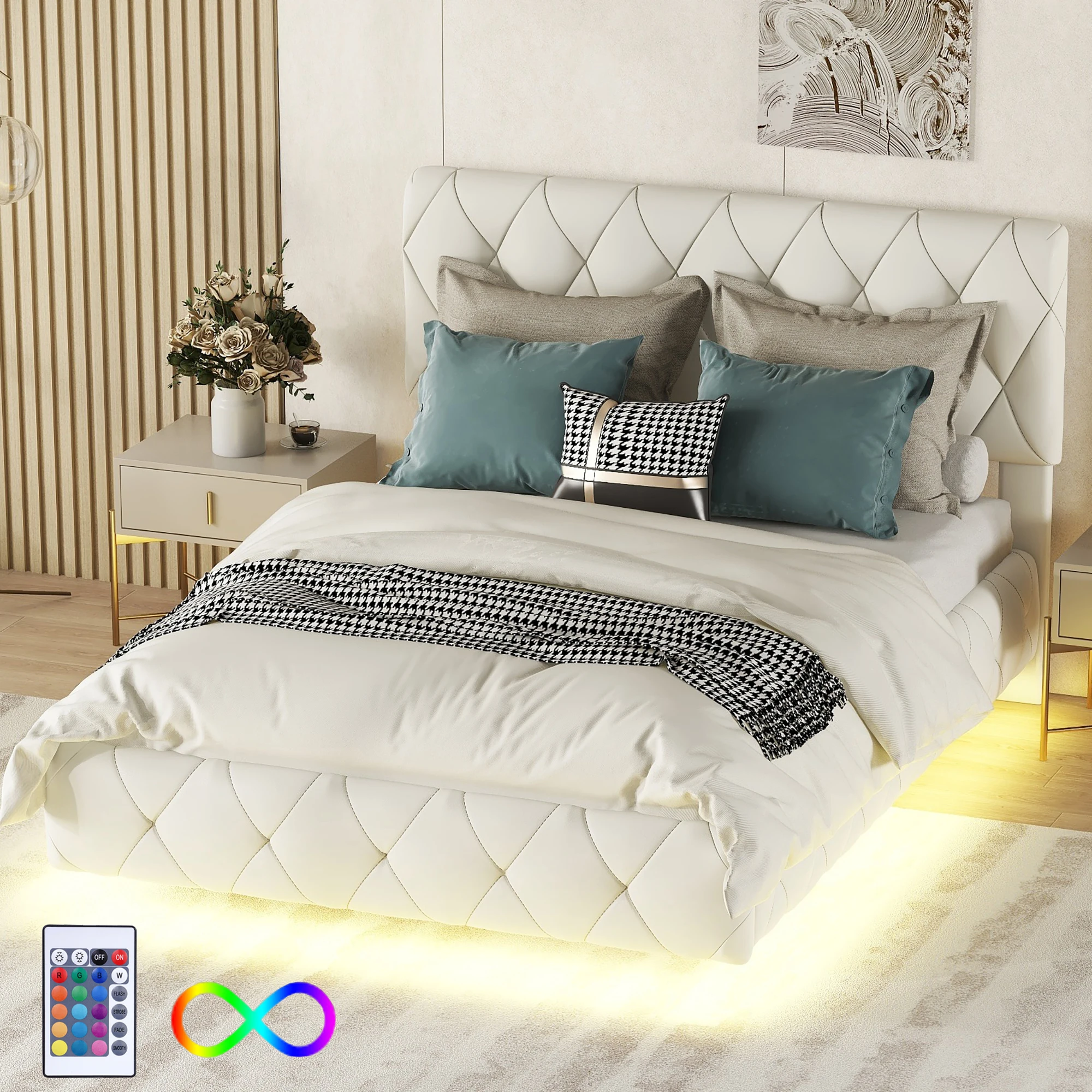 140x200 Double bed, Upholstered bed, Hover bed with light strips, Beige