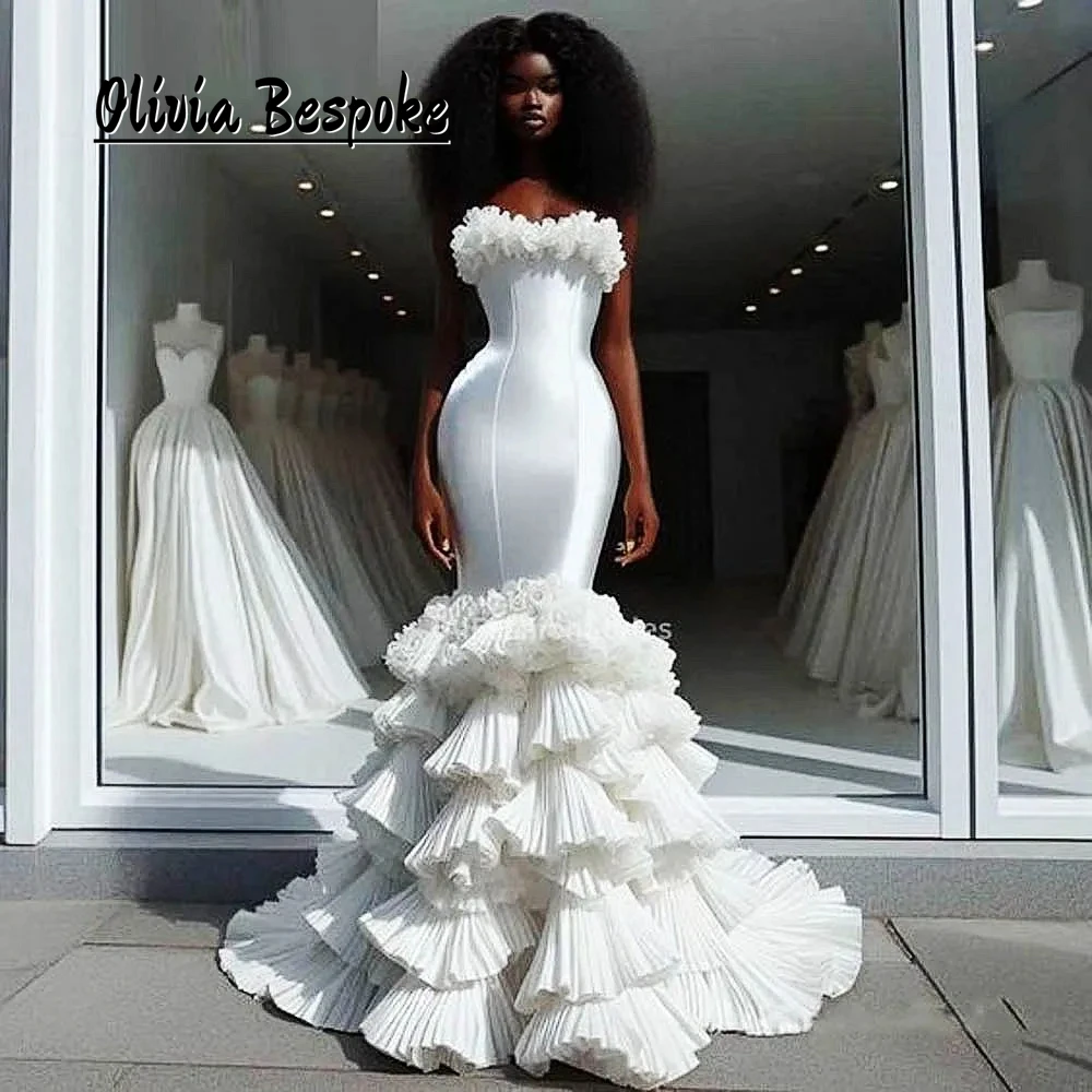 

Charming Strapless Aso Ebi Wedding Dresses 2025 Ruched Tiered Ruffles Train Mermaid African Bridal Reception Gowns Customized