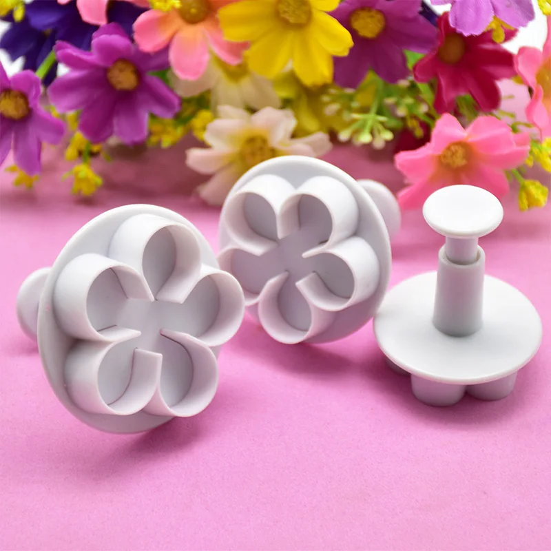 DIY Blossom Cake 3-Pack Flower Plunger Cookie Cutter Fondant Moulds Plastic Cake Decorating Tools Baking Accessories