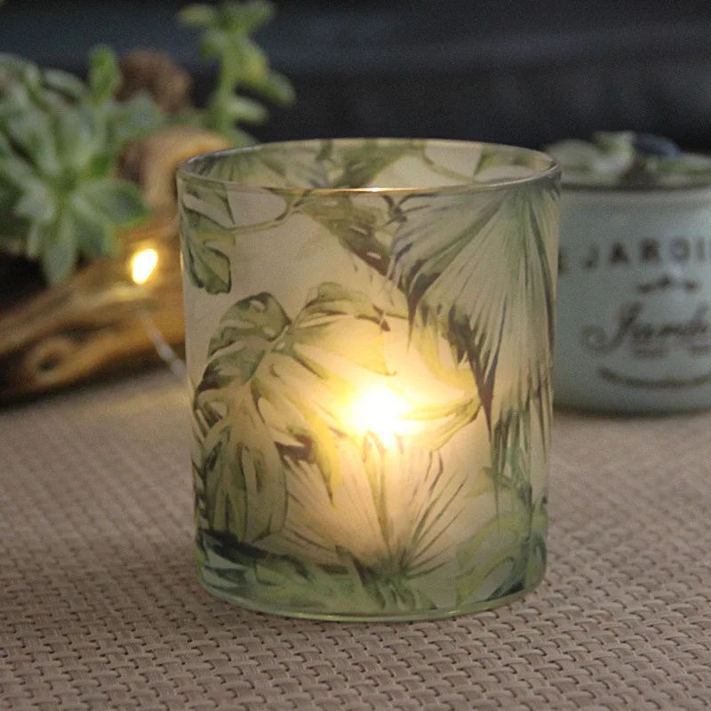 

Glass Candle Holder Green Plant Printed DIY Candle Cup Romantic Dinner Decoration Candle Holder