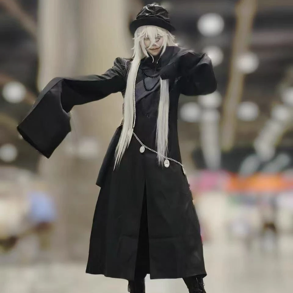 

Anime Black Butler Kuroshitsuji Undertaker Cosplay Costume with Hat Halloween Carnival Roleplay Suit Black Robe Cloak Scarf Set