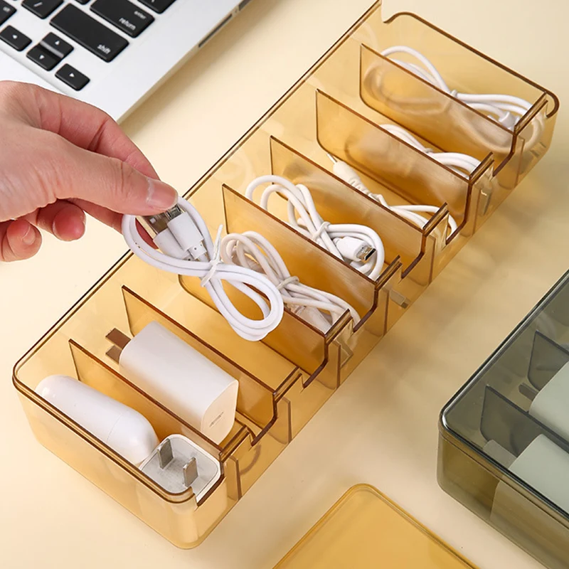 8 Grids Transparent Cable Storage Box with Lid Data Line Storages Container Desktop Stationery Makeup Jewelry Holder Organizers