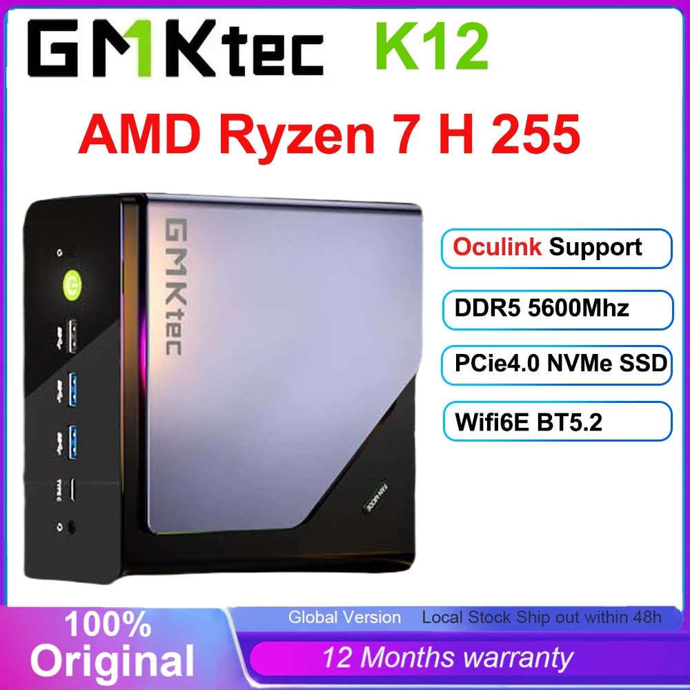 GMKtec K12 AMD Ryzen 7 H 255 Mini PC Windows 11 Pro DDR5 5600Mhz PCie3.0 NVMe SSD Wifi6E BT5.2 Quad Screen Display Oculink