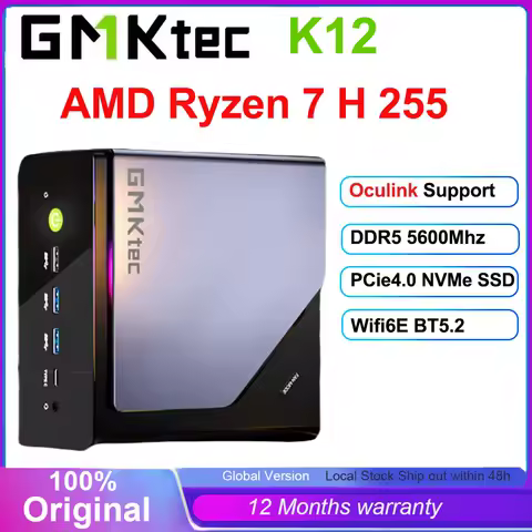 GMKtec K12 AMD Ryzen 7 H 255 Mini PC Windows 11 Pro DDR5 5600Mhz PCie3.0 NVMe SSD Wifi6E BT5.2 Quad Screen Display Oculink