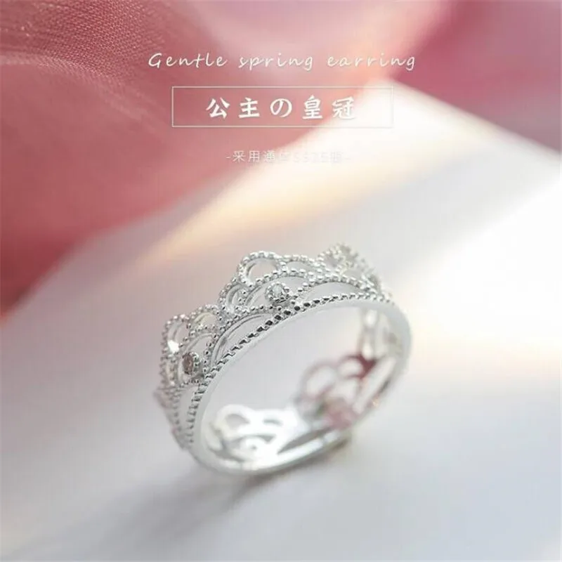 New 925 sterling silver Korean version fashionable temperament crown with diamond studded lace hollow out personalized ring