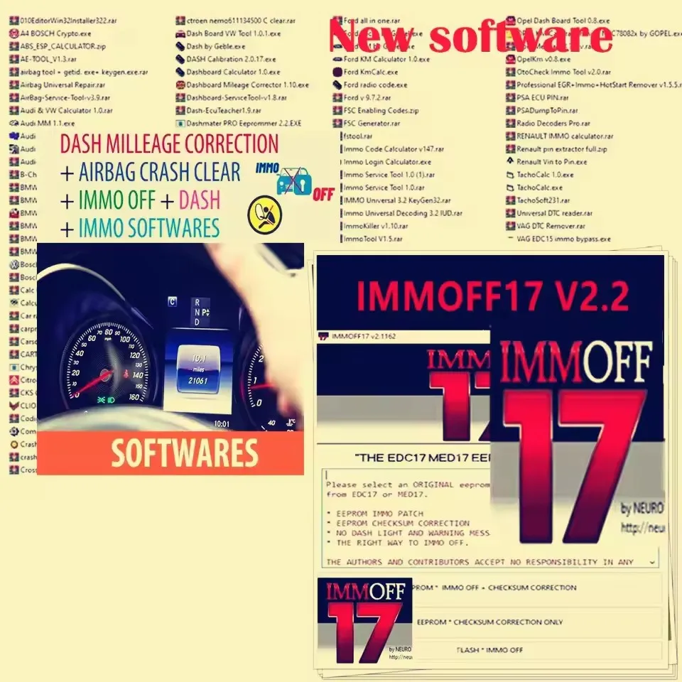 

Новейшие инструменты для коррекции пробега DASH, удаления ошибок при столкновениях (Airbag Crash Clear), отключения иммобилайзера (IMMO OFF), программирования ECU (IMMO Software) и функции EEPROM EDC17 MED IMM0FF17
