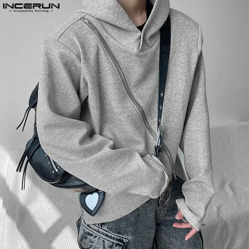 INCERUN Tops 2023 Korean Style Mens Irregular Diagonal Zipper Design Hoodie Leisure Male Solid Hooded Long Sleeved Sweater S-5XL