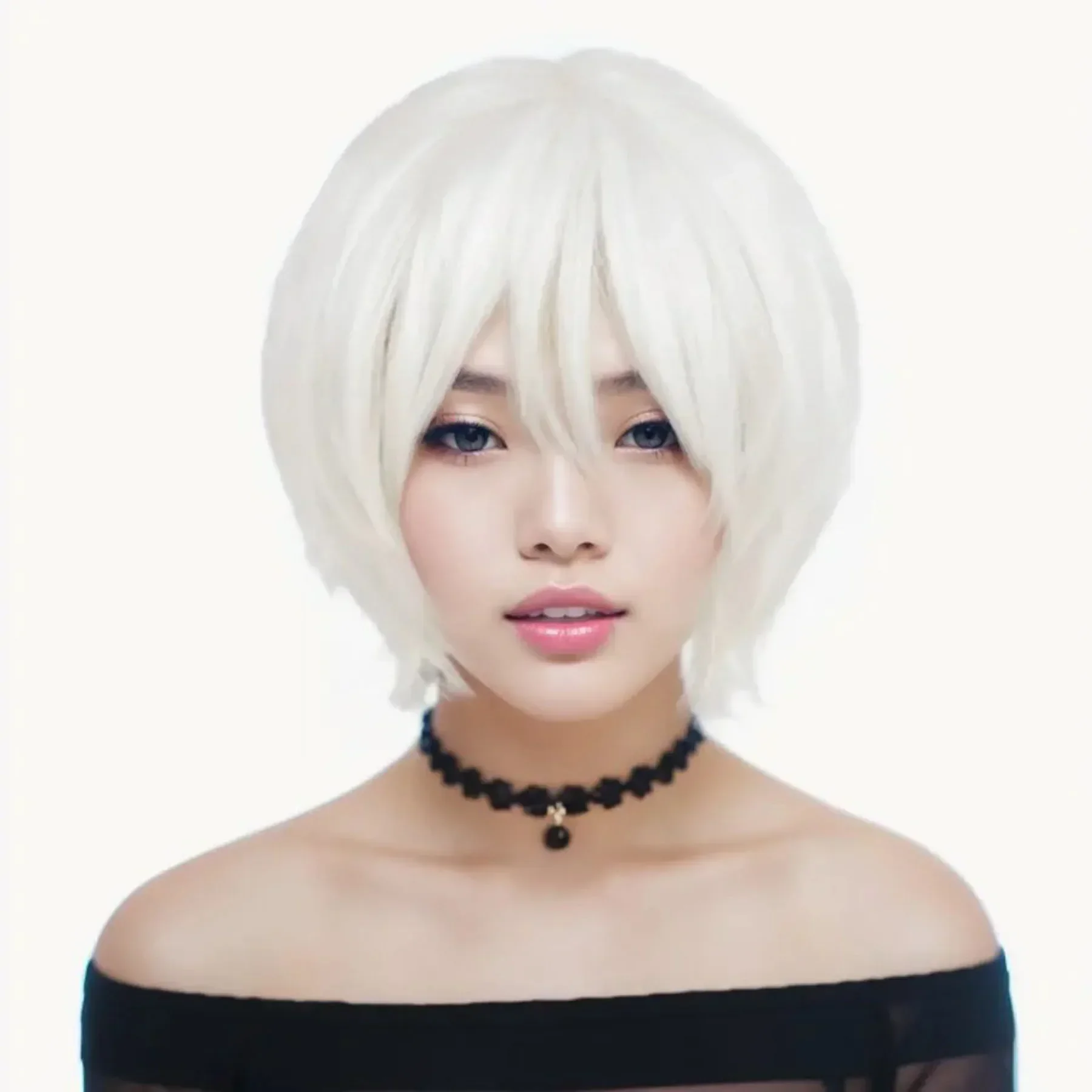 Parrucche bianche corte per donna Parrucca cosplay per capelli sintetici con frangia Parrucca dritta per film anime Festa in costume Parrucca Drag Queen di Halloween
