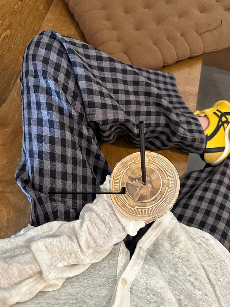 

High Waist Wide Leg Plaid Pants Floor Length Lazy Casual Linen Trousers for Women Commute Style Summer Collection