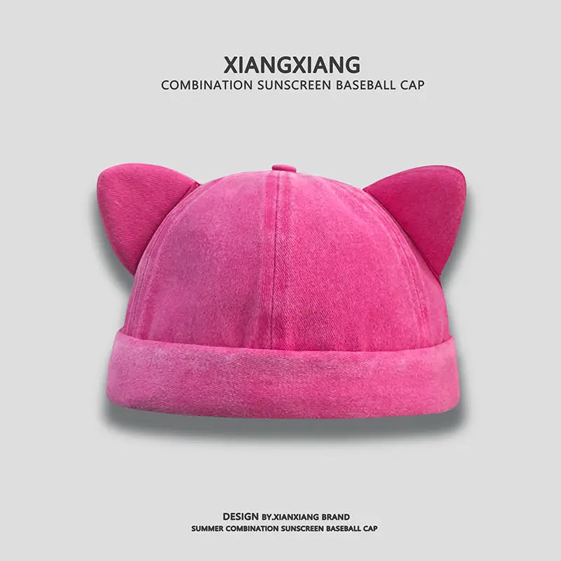 Bonito orelhas de gato sem borda senhorio chapéu verão moda versátil personalidade melão pele chapéu lavagem velho troll chapéu feminino