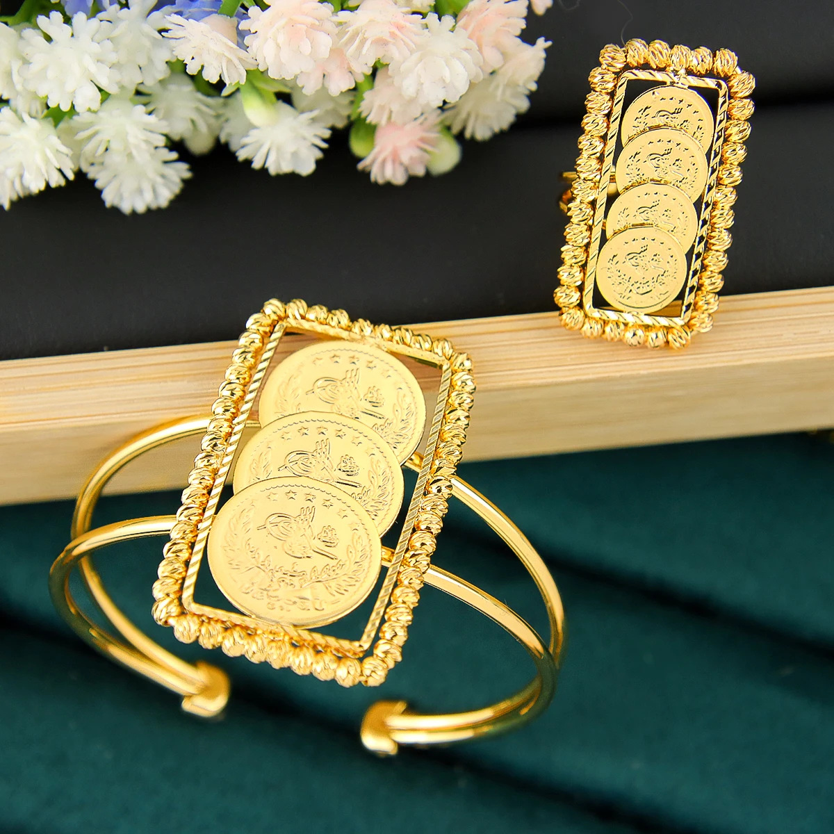 Arabisches Mode-Münzschmuckset 21k Vergoldet Türkische Vintage-Armreifen Ringe Kurdischer Brautschmuck für Frauen Vintage-Partyschmuck – Detail 9