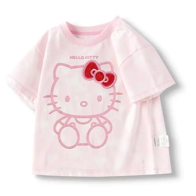 Anime Sanrios Hello Kittys Cartoon dla dzieci z krótkim rękawem Kuromi Cinnamoroll dziewczęcy bawełniany t-shirt haftowane topy letnie ubrania dla dzieci