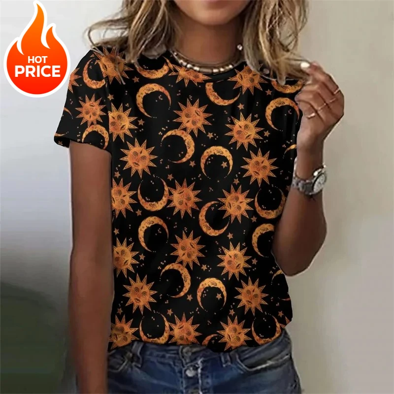 3D-gedrucktes Sonnensterne-Mond-T-Shirt für Frauen, Sternenhimmel-Grafik-T-Shirts, Sommer, lässige, lockere T-Shirts, Rundhalsausschnitt, kurze Ärmel