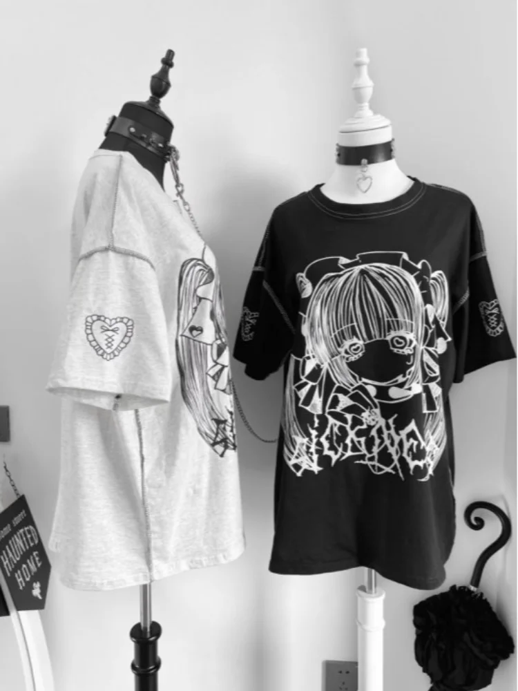Japanese Y2K Harajuku Gothic anime Girl Printed Short Sleeve Couple T-shirt Summer New Loose and Comfortable Casual Top