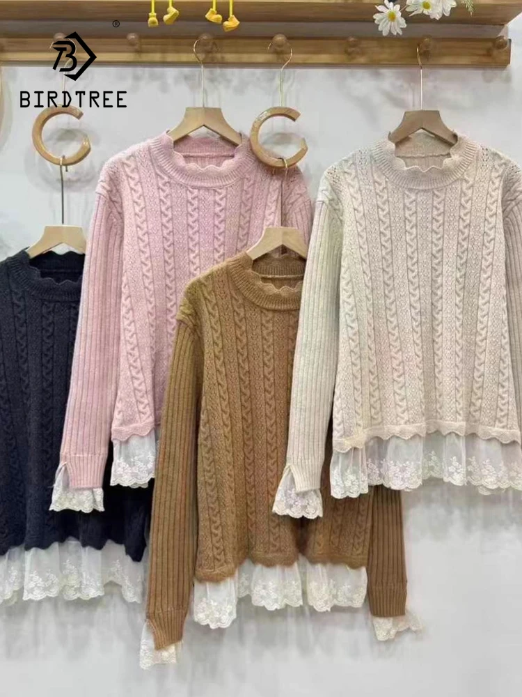 

New 2025 Winter Cotton Blending Sweater, Women Mock Neck Lace Patchwork, Mori Girl Retro Sweet Loose Pullover Sweater T5D351CC