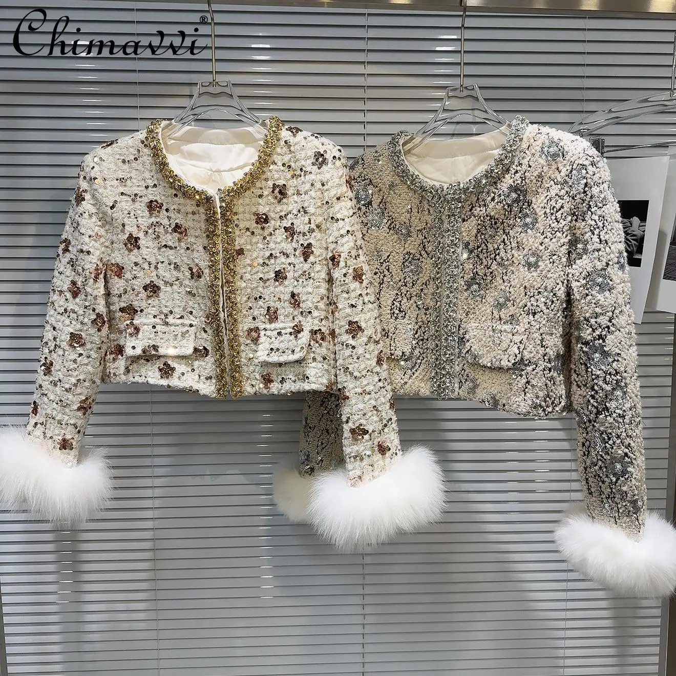 French Elegant Socialite Sequined Round Neck Faux Fox Fur Splicing Sleeves Tweed Down Liner Straight Short Jacket Women Winter