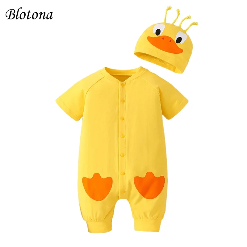 Blotona Baby Girls Boys Rompers Chick Feet Print Buttons Front Short Sleeve Toddler Summer Bodysuits Jumpsuits with Hat