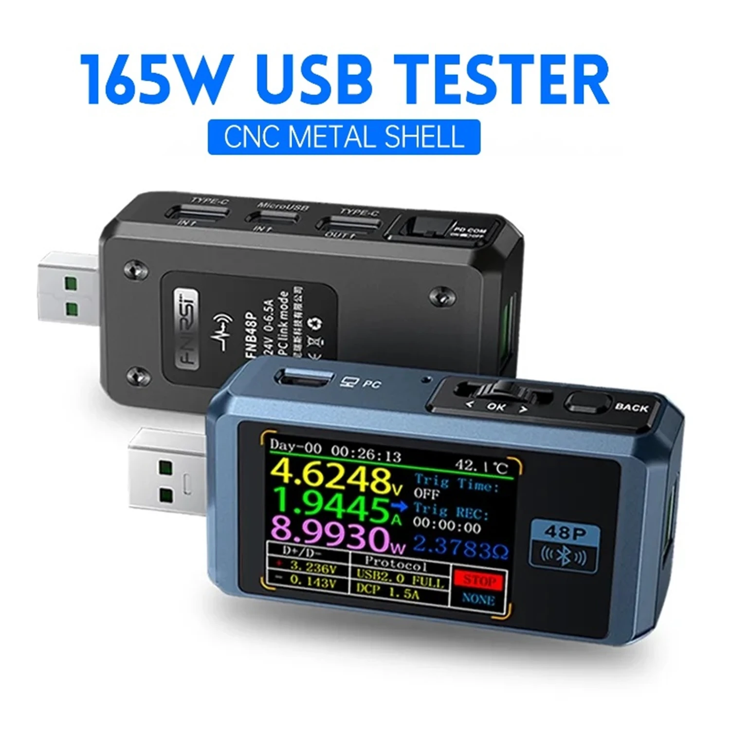 Fnirsi Usb Tester Voltímetro e Amperímetro tipo c Detecção de Carga Rápida Trigger Capacidade Ripple Measurement com Cnc Metal Shell Fnb48p