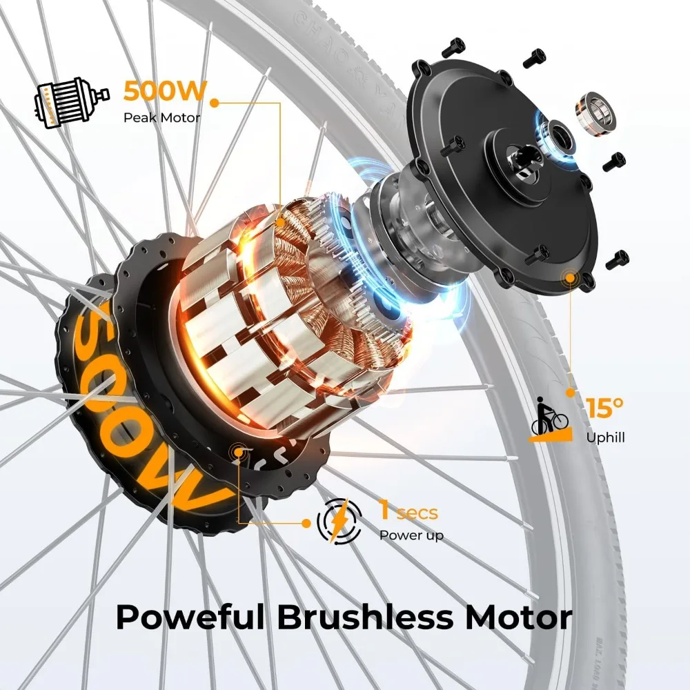 for Adults with Peak 500W Brushless Motor, Bike with 360Wh Removable Battery, 7-Speed, 26" Tires and Front Fork Suspension image 3
