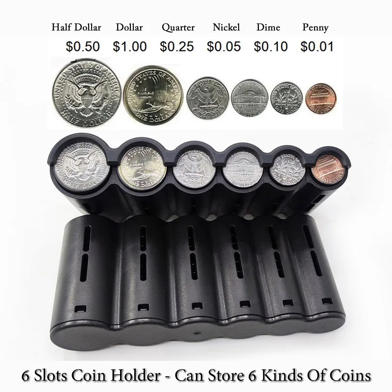 USD Coins Dispenser 6 Slots Loose Coin Holder Sorter Collector Waiter Cashier Driver Change Pennies,Dollars,Nickels Safe Box