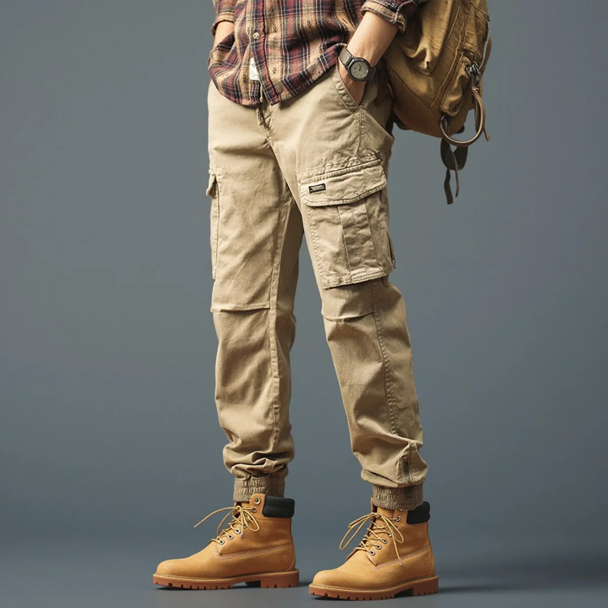 

Retro American Work Pants Men's New 2025 Spring Elastic Waist Zipper Cuffed Multi-ket Outdoor Sports Casual Trousers