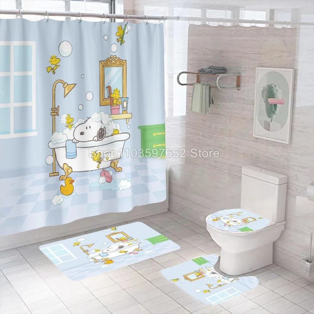 Cute Snoopy Bath Curtain 4PC Set Bathroom Shower Curtain Waterproof Curtains in the Bathroom Soft Bath Mat Toilet Carpet Rugs