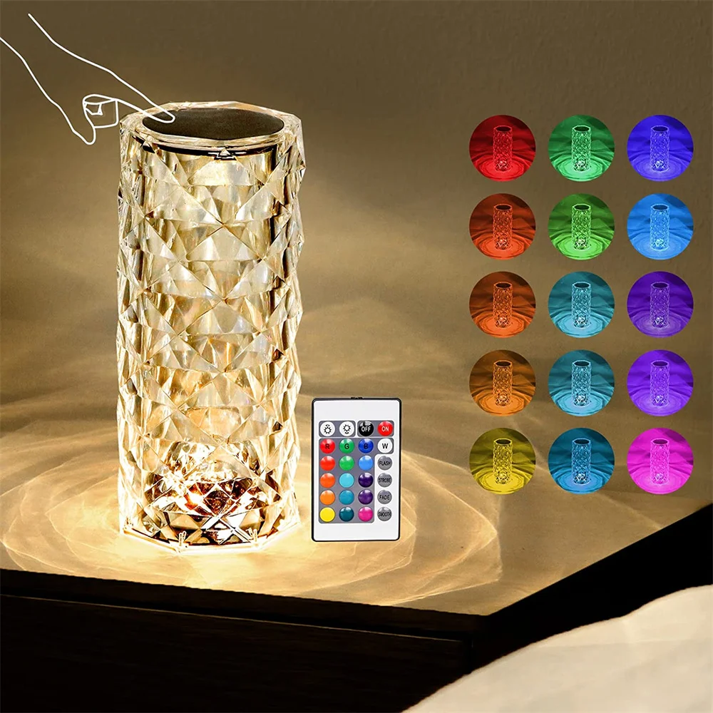 USB Rechargable 16 Colors Changing Crystal Diamond Table Lamps Touch Control Desk Lamp LED Night Light for Party Christmas Decor