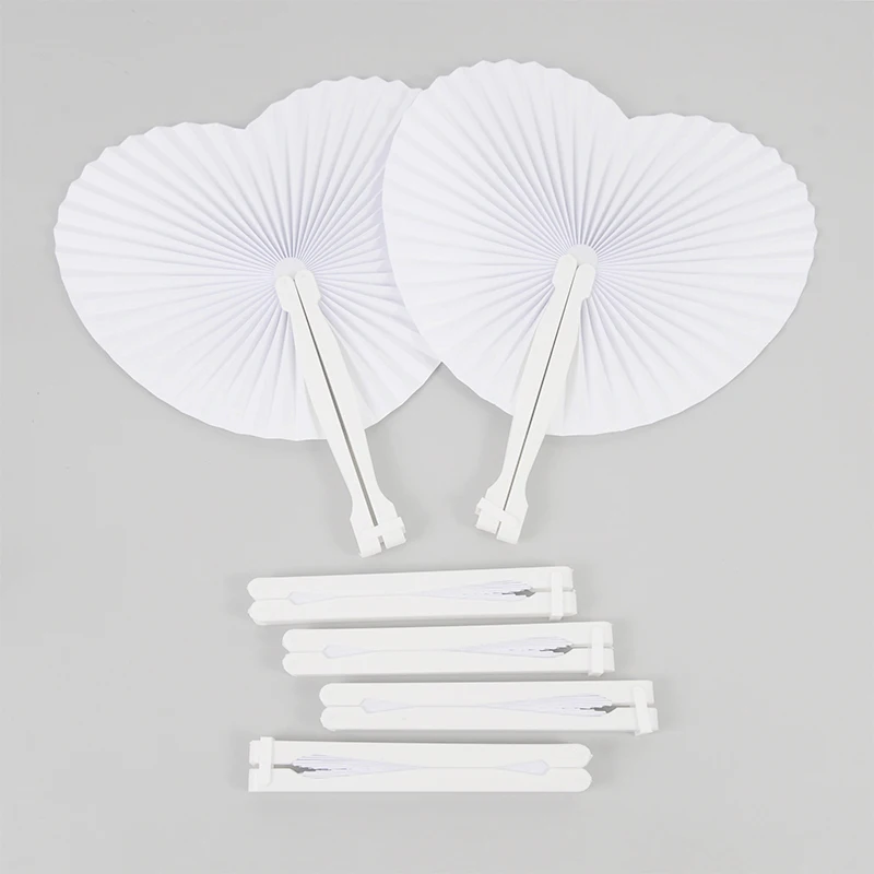 6pcs White Folding Paper Fan Wedding Favor DIY Blank Heart-shaped Paper Fan with Plastic Handle Birthday Anniversary Party Decor