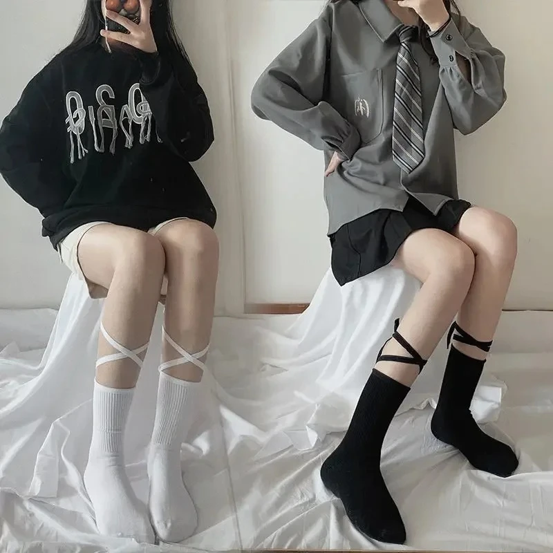 

Ladies Ins Tide Socks Jk Korean Japanese Version Cross Black Bow Tie Leggings Middle Tube Sock Calf Summer Thin Kawaii Stockings