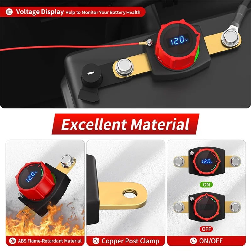 

ABGE-Автомобильный аккумулятор, 12 В, 300 А, разъединитель аккумулятора с боковой стойкой, светодиодный дисплей напряжения, отрицательное включение/выключение, шпилька 3/8 дюйма