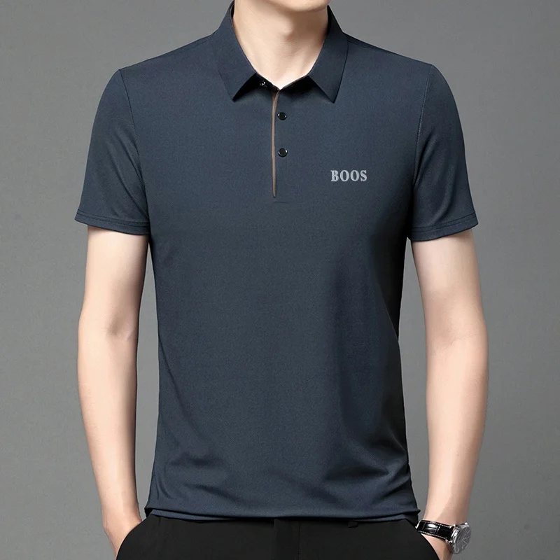 Freizeit-Herren-Kurzarm-Poloshirt mit Revers-Knopfleiste, Einfarbig mit Schriftzug, Bequemes Atmungsaktives Trendiges Herren-T-Shirt – Detail 5