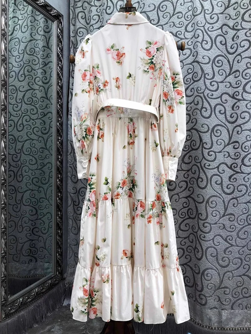 100%Cotton Long Dress 2025 Spring Women Turn-down Collar Beautiful Floral Prints Embroidery Long Sleeve Maxi Dress Black Apricot