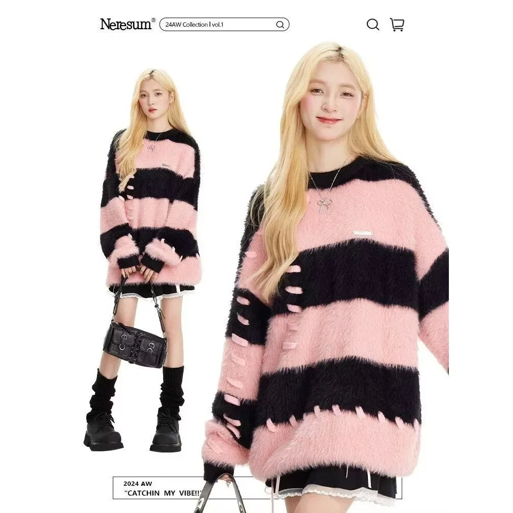 

Простой и художественный, модный японский модный свитер из норки в стиле Харадзюку с металлическими бирками и завязанными шнурками ручной работы.