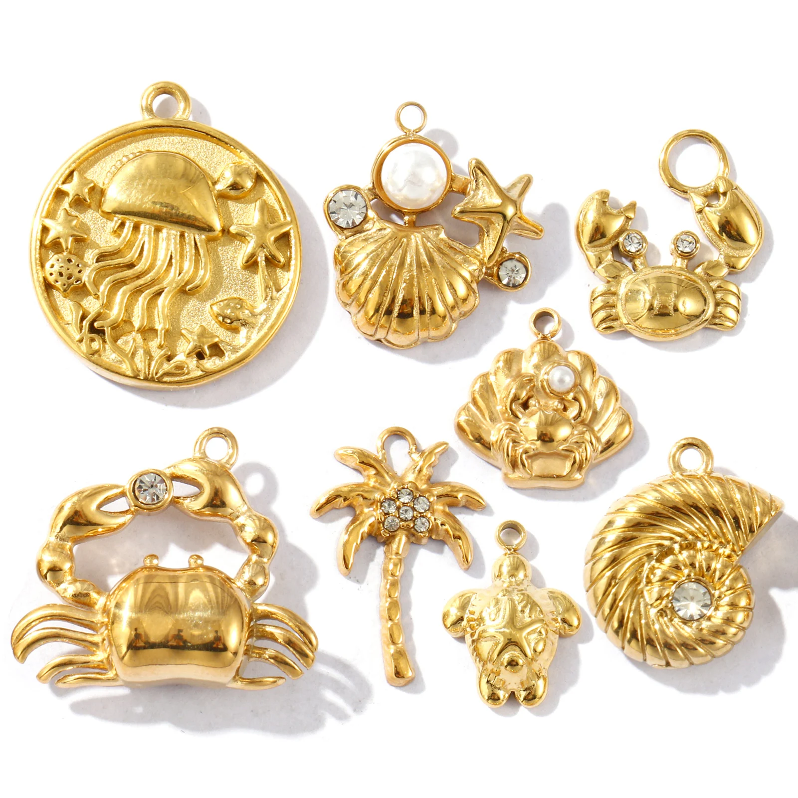 1Piece Ocean Charms 18K Gold Plated 304 Stainless Steel Jellyfish Turtle Starfish Shellfish Crab Pendant For DIY Necklace Making