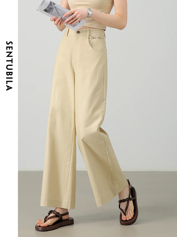 SENTUBILA Women Cotton Blend Wide Leg Pants Female Trouser 2024 Summer Khaki Loose Casual Simple Long Pants Woman 142K54707