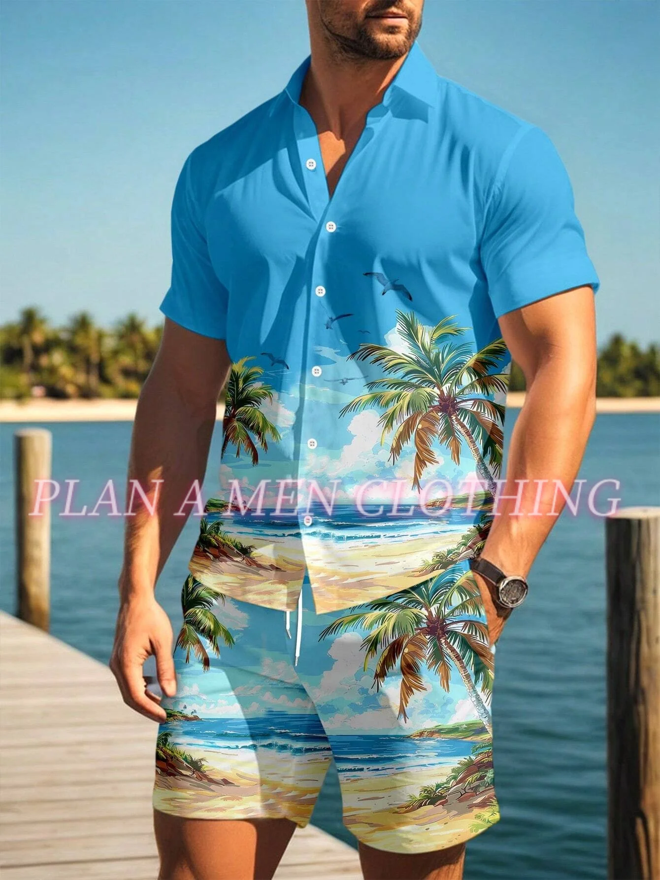 

Hawaiian Style Men's 3D Beach Coconut Trees Seaside 2 pieces shirt set Short-Sleeved Shirt Outdoor Shorts Men's2 Piece Set