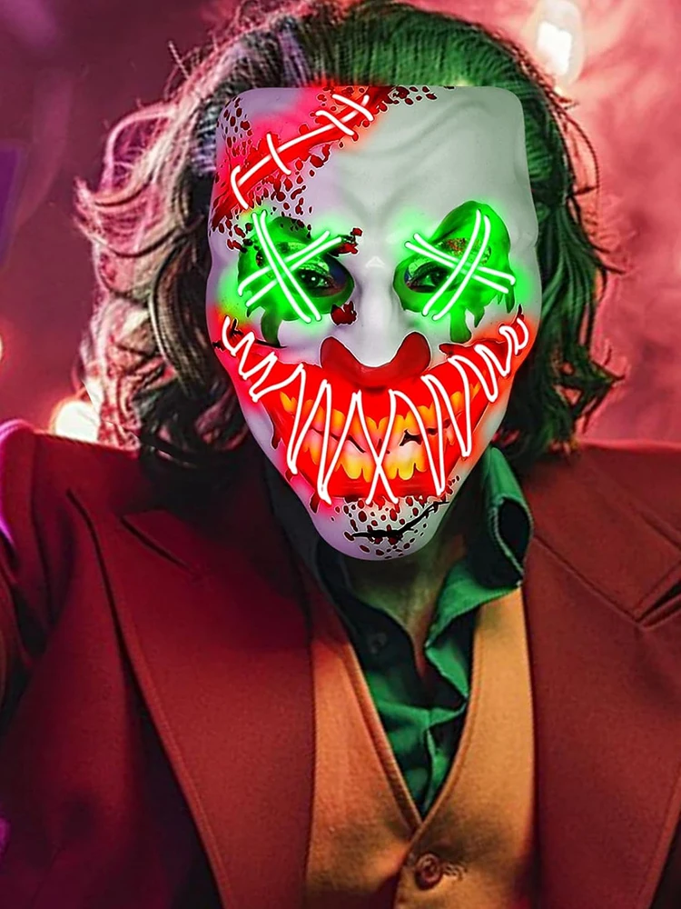 Halloween film d'horreur chauve-souris Clown masque néon LED Joker Cosplay fête masque Festival carnaval effrayant jeu de rôle accessoire accessoires