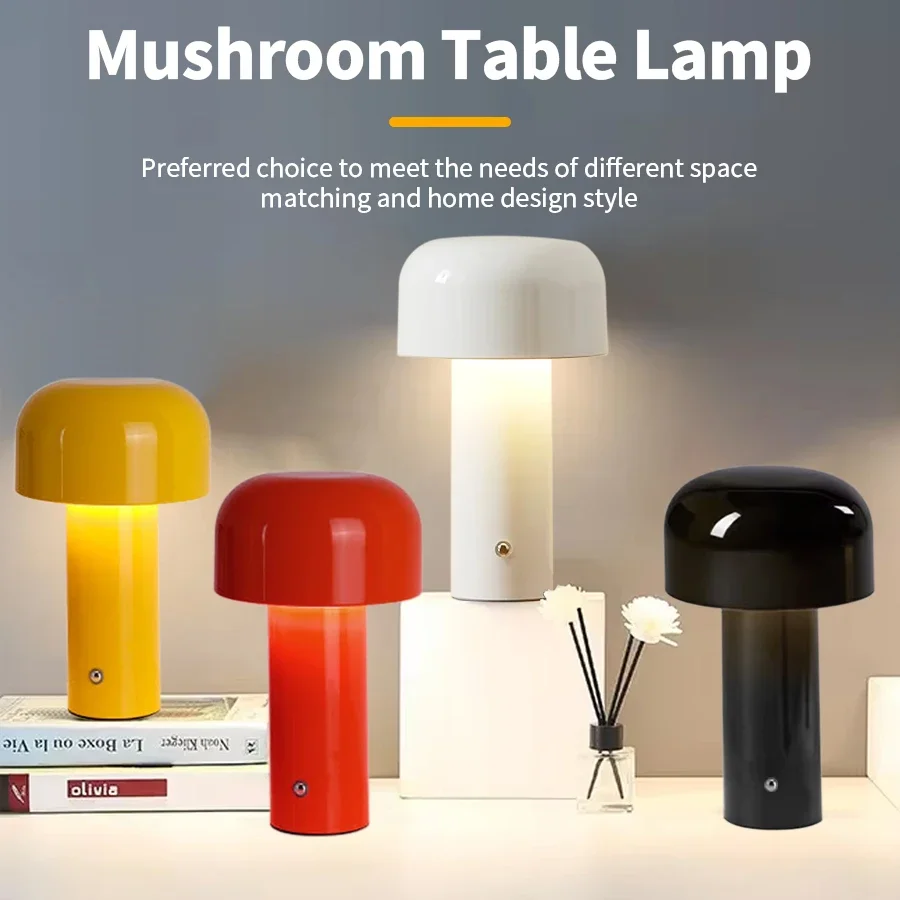 

Creative Mushroom Table Lamp Touch Switch Dimmable 3 Colors Desk Lamp Rechargeable Bedroom Restaurant Bar Ambient Decor Lamp