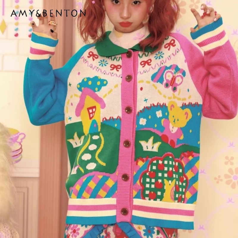 

Retro Design Cartoon Landscape Print Women's Sweater Autumn New Color-Block Turn-Down Collar Versatile Knitted Cardigan Ladies