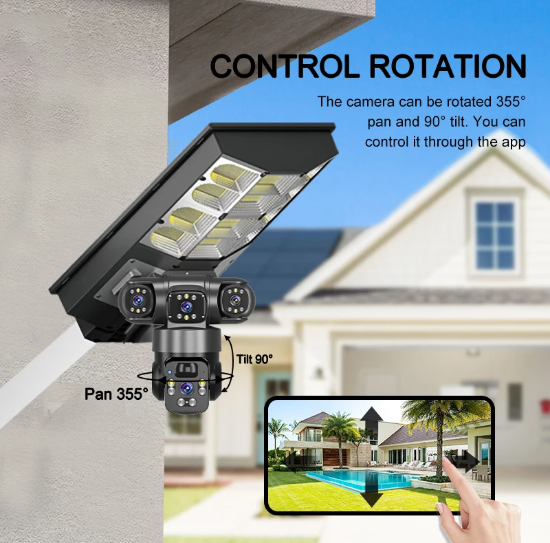 كاميرا Regis V380 Pro Solar Street Light CCTV 4G IP 12MP خارجية متعددة العدسات 3 شاشات PTZ ميكروفون مدمج للرؤية الليلية #6