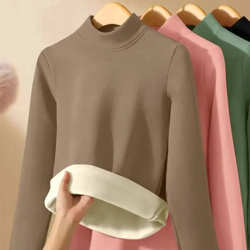 Women Thicken Half Turtleneck Bottom Shirt Double Sided Fleece Lined Warm Tops Delong Inner Wear Slim Long Sleeve Pullover Top