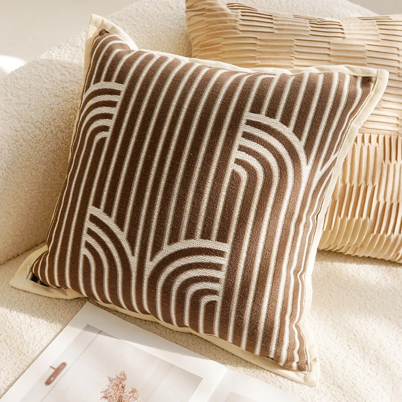 Nordic Braided Geometric Pillow Covers Neutral Beige Brown Textured Faux Fur Accent Cushion Living Room Bedroom Bay Window Decor