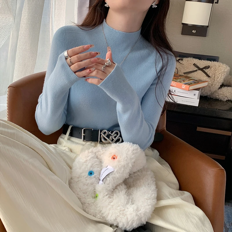 Suéteres negros con cuello simulado, suéter tejido para mujer, jerséis nuevos, prendas de punto ajustadas de manga larga, suéter de punto, jersey, Tops para mujer Q2224