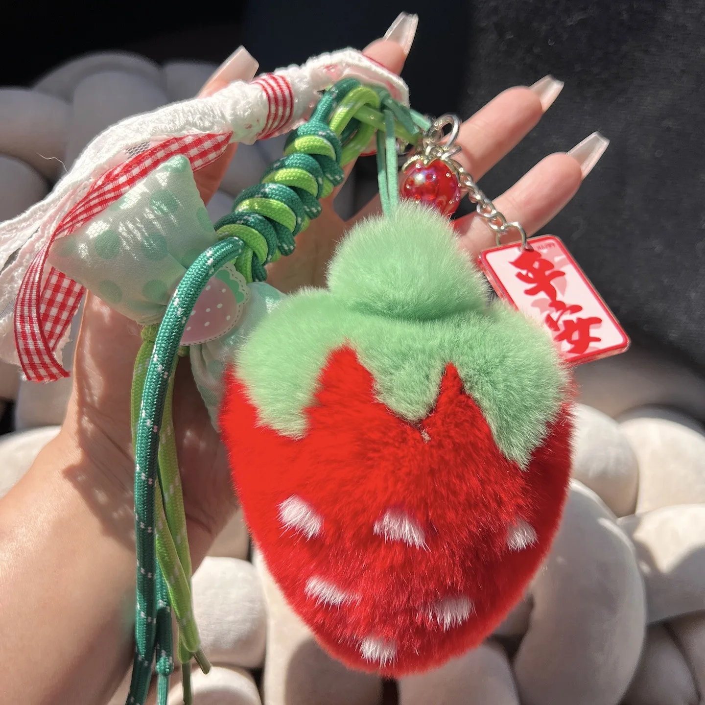 Cute real otter rabbit fur strawberry car keychain pendant ins popular plush doll backpack charm