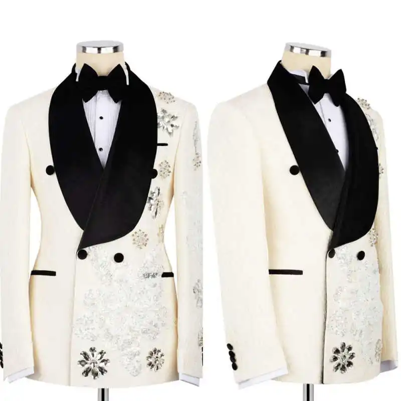 

Luxury Crystals Men Suits Double Breasted Shawl Lapel Jacket Blazers Beaded 2 Pieces Prom Male Party Customized