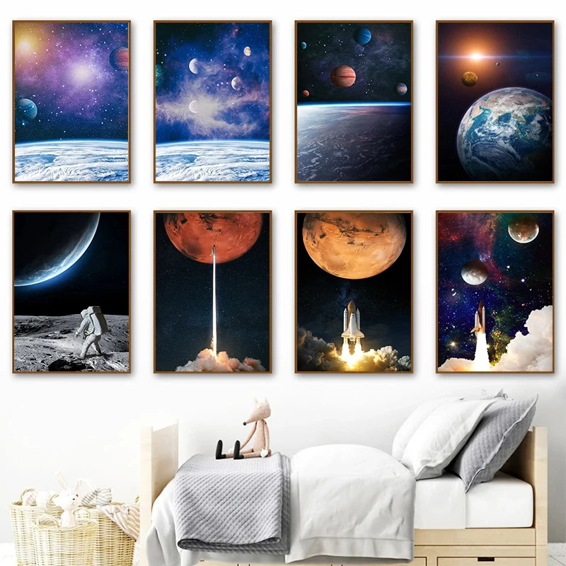 Astronaut Astronomical Research on Space Planets Canvas Painting Print Nordic Children Bedroom Wall Posters Pictures Decor