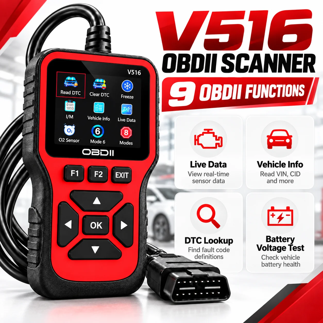 V516 OBD2 Car Code Reader Engine Diagnostic Scanner Read Clear Fault Codes Live Data O2 Sensor Test I/M Readiness Tool