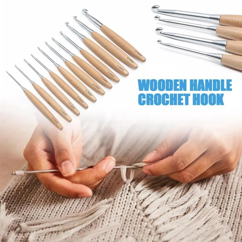 11Piece Crochet Hooks With Wooden Handle Single Head Crocheting Knitting Hooks Crochet Needles