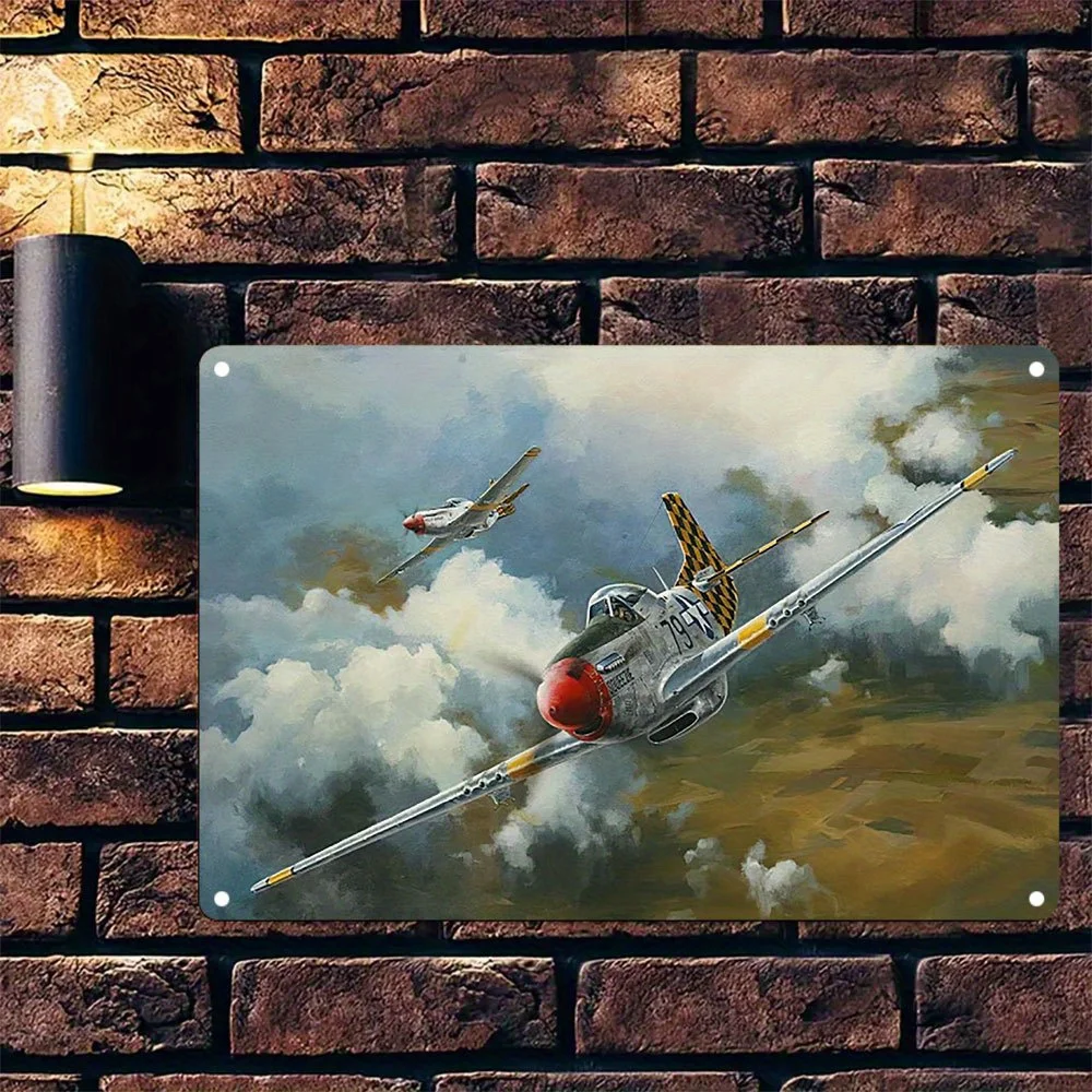 Vintage P-51D Metal Wall Art -  WWII Fighter Plane Tin Sign, Retro Aviation Decor for Home Office