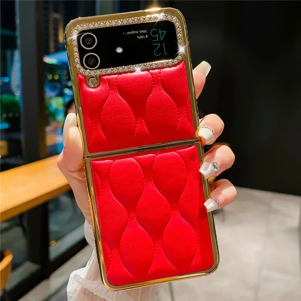 Luxury Plating Gold Glitter Diamond Cover for Samsung Z Flip 3 Flip 5 Plaid Stripe Soft Leather Case for Samsung Galaxy Z Flip 4